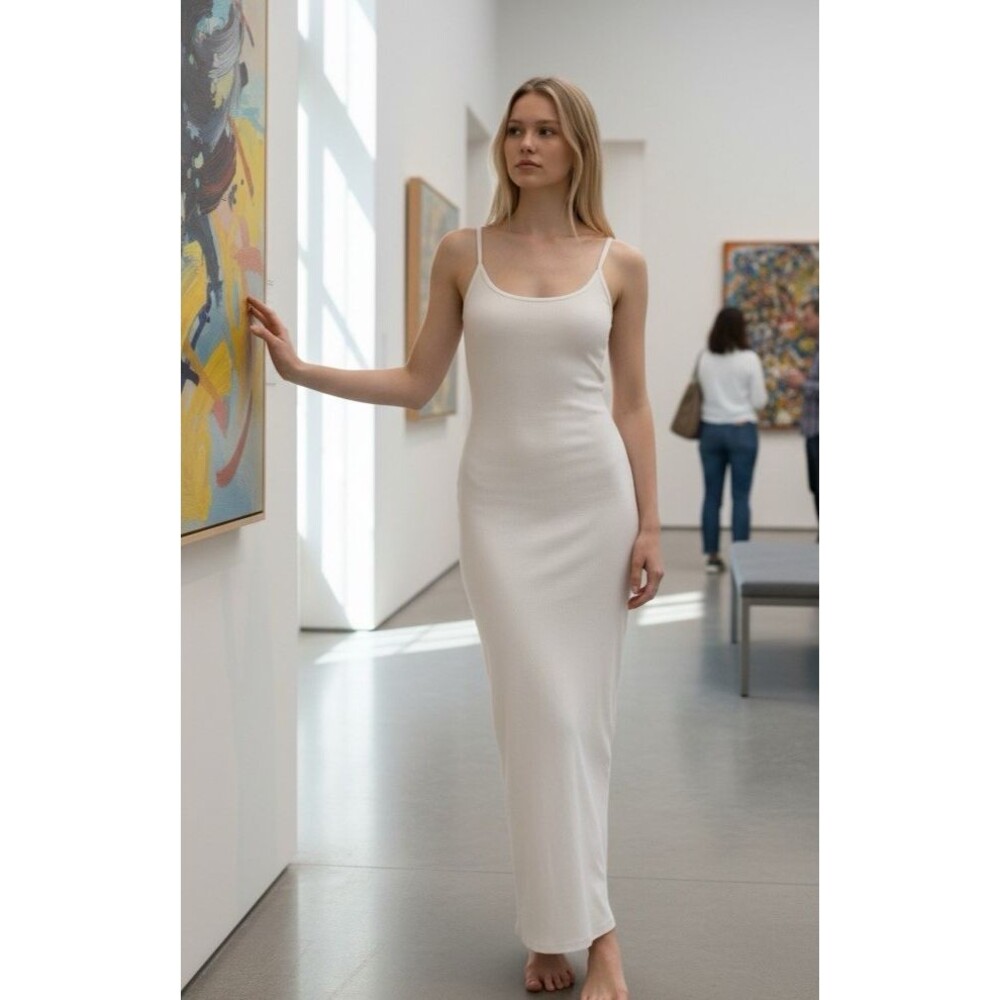 meshki NEW! midi 'Alexis' ribbed white spaghetti strap dress sz M party wedding